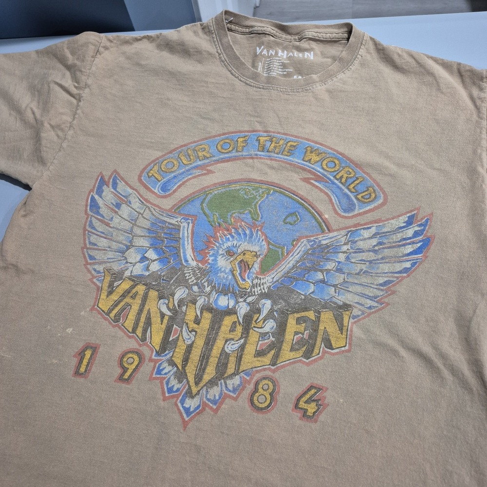 Van Halen Shirt Adult M/L Tan Tour of the World 1984 Graphic Rock Band Tee Retro